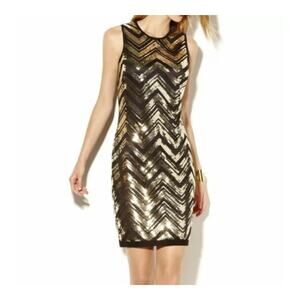Vince Camuto Black Gold Sequin Dress Chevron Sleeveless Lined Fringe Hem Gatsby